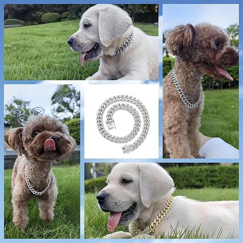 Collar de Perro de Lujo con Eslabón Cubano Iced Out de Acero de Titanio Collar con Cadena de Strass para Perros y Gatos Pequeños Medianos Grandes Accesorios de Joyería