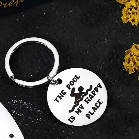 Stainless Steel Keychain The Pool Is My Happy Place Swimmer Charm Key Ring Modern Graduation Gift For Women Men Car Key Accessory