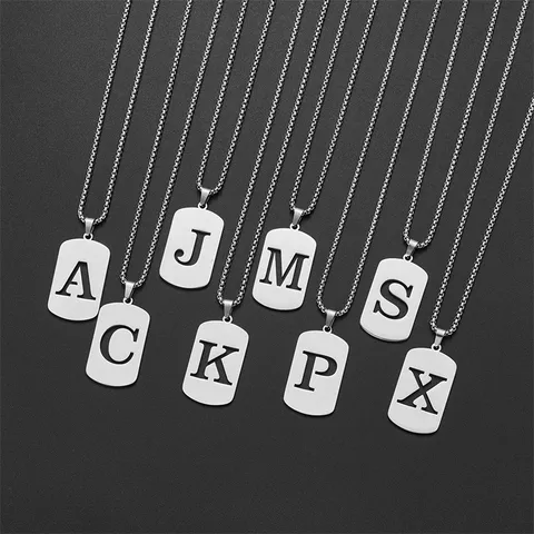 Minimalist Stainless Steel Hollow Alphabet Pendant Necklace For Women Men Fashion Rectangular Initial Tag Commuter Jewelry