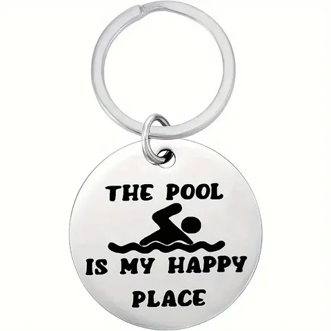Stainless Steel Keychain The Pool Is My Happy Place Swimmer Charm Key Ring Modern Graduation Gift For Women Men Car Key Accessory