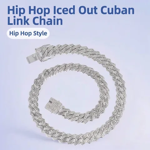 Hip Hop 14mm Rhombus Cuban Link Chain Necklace For Men Women Iced Out Rhinestone Zinc Alloy Gold Silver Plated Jewelry