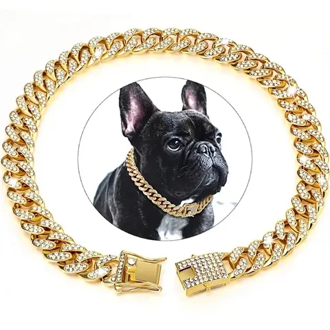 Hip Hop Iced Out Cuban Link Haustierhalsband Zinklegierung Strass Hund Katze Halskette Gold Silber Roségold Schmuck