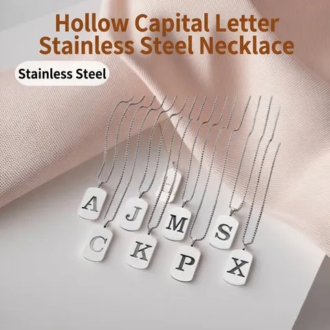 Minimalist Stainless Steel Hollow Alphabet Pendant Necklace For Women Men Fashion Rectangular Initial Tag Commuter Jewelry
