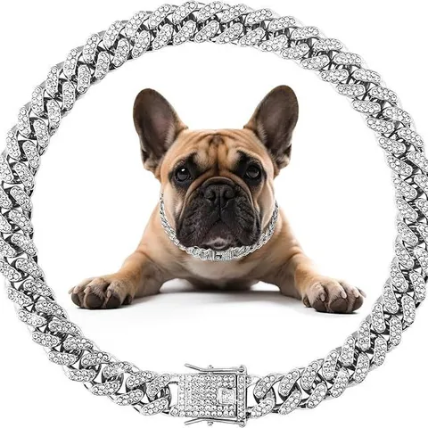 Collar de Perro de Lujo con Eslabón Cubano Iced Out de Acero de Titanio Collar con Cadena de Strass para Perros y Gatos Pequeños Medianos Grandes Accesorios de Joyería