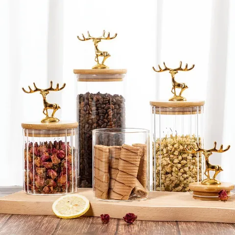 Bocal de Rangement en Verre Nordique Avec Couvercle en Bambou Poignée Élan Doré Récipient Scellé Transparent Rayé Pour Cuisine Thé Café Grains Snack