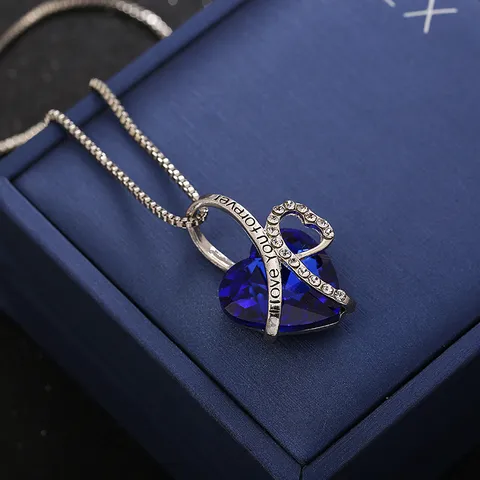 Heart of the Ocean Crystal Pendant Necklace for Women Alloy Rhinestone Engraved Heart Pendant Box Chain Necklace Jewelry