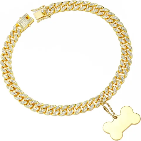 Collare per Animali Domestici Catena Cubana in Lega Intarsiato di Strass Collana per Cani e Gatti Con Ciondolo a Osso e Cuore Accessori
