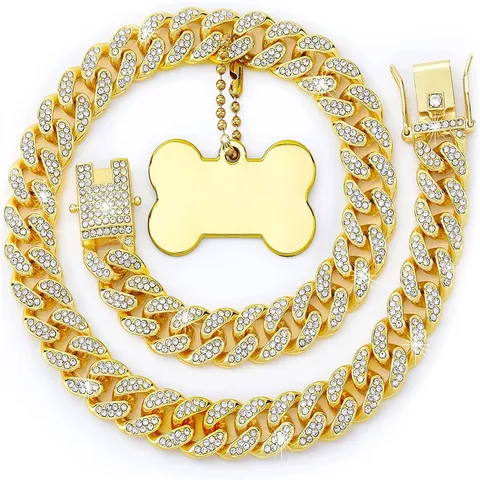 Collare per Animali Domestici Catena Cubana in Lega Intarsiato di Strass Collana per Cani e Gatti Con Ciondolo a Osso e Cuore Accessori