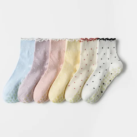 Calcetines de Yoga de Lunares con Borde de Volantes para Mujer Antideslizantes de Silicona de Corazón para Pilates Fitness Deportes Algodón Transpirable