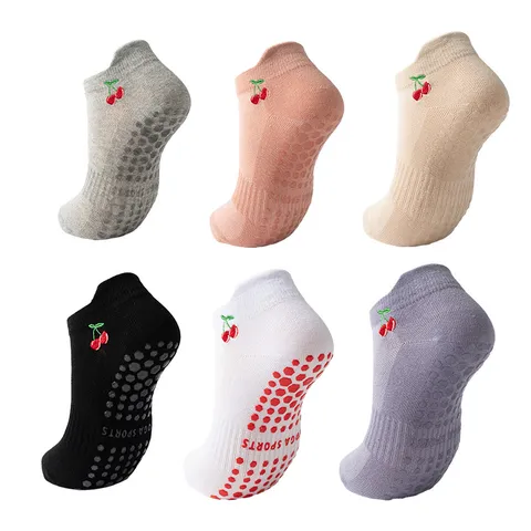 Calcetines de Yoga Antideslizantes para Mujer Mezcla de Algodón Calcetines de Pilates Con Bordado de Cerezas Calcetines Deportivos Transpirables