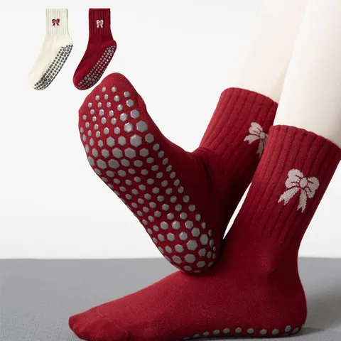 Calcetines de Yoga Antideslizantes Profesionales para Mujer de Algodón Peinado Pilates Fitness Con Bordado de Lazo