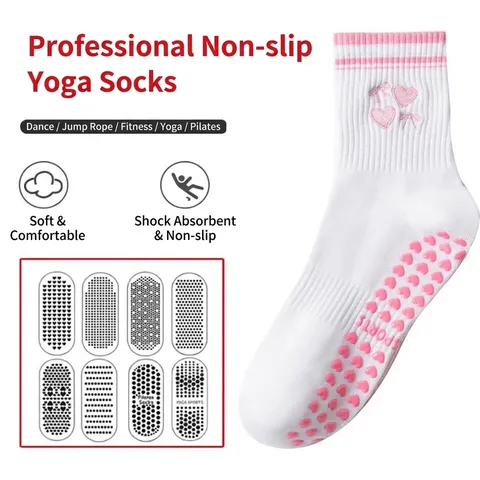 Women Mid-Calf Yoga Socks Non-Slip Silicone Grip Cotton Athletic Socks For Pilates Fitness Indoor Sports Embroidery Pattern