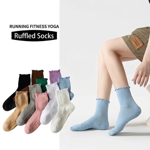 Professionelle Rutschfeste Yogasocken Für Damen Baumwolle Rüschenbündchen Pilates Fitness Tanz Sportsocken Mit PVC Griffe