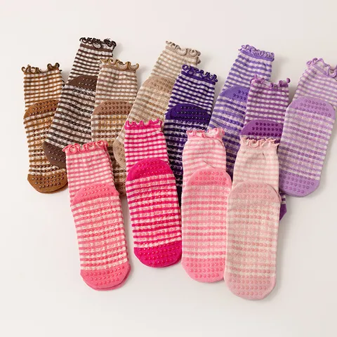 Chaussettes de Yoga pour Femmes Professionnelles Antidérapantes Pilates Mi Chaussette Coton Rayé Carreaux Volants Fitness Grip