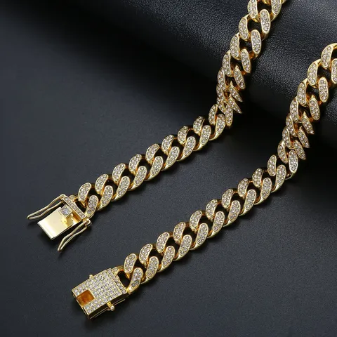 Hip Hop Iced Out Cuban Link Chain Necklace Bracelet For Men Women Alloy Rhinestone Streetwear Jewelry Accessory