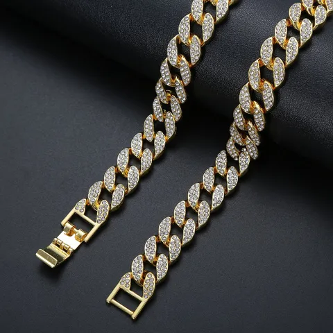 Hip Hop Iced Out Cuban Link Necklace Bracelet Zinc Alloy Rhinestone Men Women Rapper Jewelry Gold Silver Plated Chain
