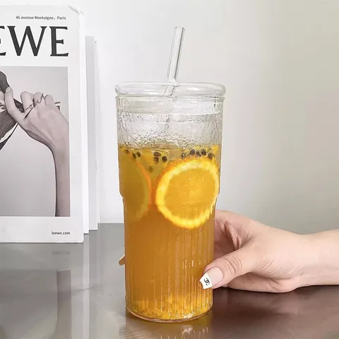 Große Kapazität Hochborosilikatglas Stroh Kaffeetasse Hitzebeständiges Trinkwasserglas Mit Deckel Gestreifte Textur Büro Zuhause