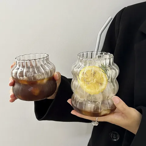 Modern Minimalist Borosilicate Rippled Glass Cup Heat Resistant Vertical Striped Coffee Juice Drinking Glass For Office Home With Straw