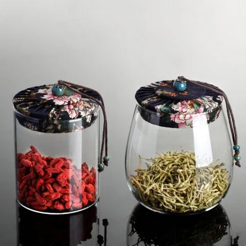 Barattolo di Vetro Borosilicato Con Coperchio in Stoffa Floreale Vintage Stile Cinese Ermetico per Tè Snack Caffè