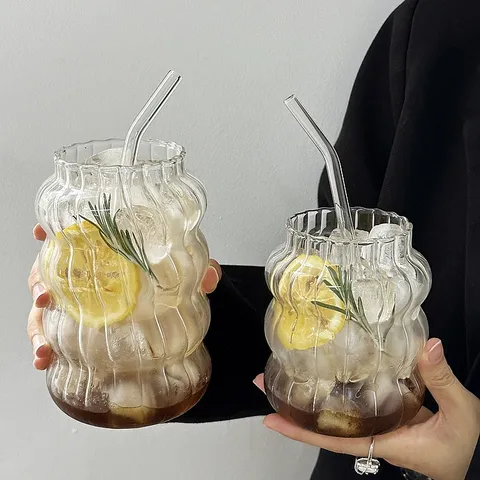 Modern Minimalist Borosilicate Rippled Glass Cup Heat Resistant Vertical Striped Coffee Juice Drinking Glass For Office Home With Straw