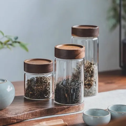 Minimalist Acacia Wood Lid Borosilicate Glass Airtight Storage Jar Transparent Kitchen Container For Coffee Bean Tea Snack Spice Storage Jar