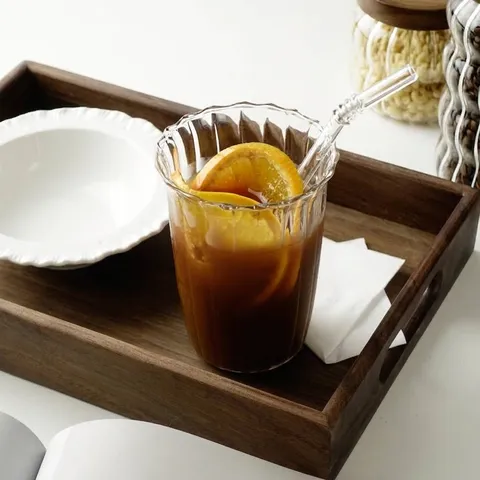 Borosilicate Glass Cup Ribbed Texture Wave Rim Transparent Coffee Juice Drink Glass With Straw Modern Home Office Glassware