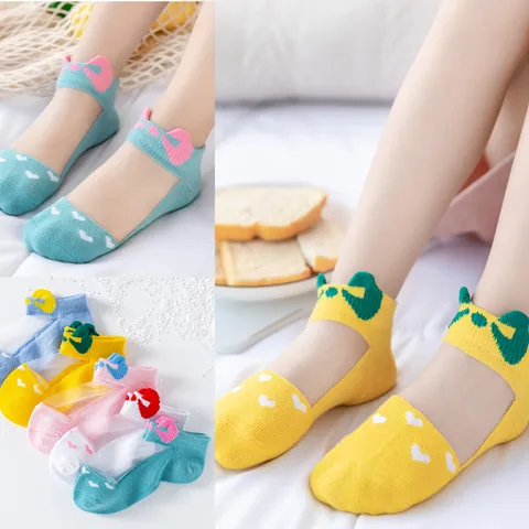Kinder Eisseide Mesh Socken Für Mädchen Schleife Atmungsaktiv Herzmuster Gekämmte Baumwolle Kurzsocken Mode Accessoires
