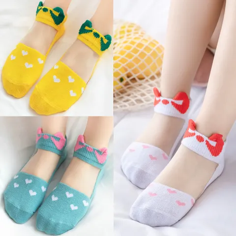 Kinder Eisseide Mesh Socken Für Mädchen Schleife Atmungsaktiv Herzmuster Gekämmte Baumwolle Kurzsocken Mode Accessoires