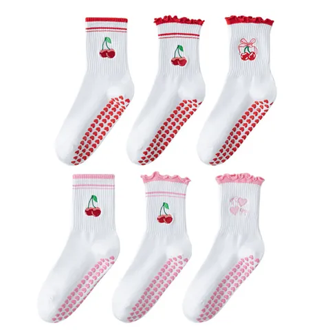 Chaussettes de Yoga Antidérapantes pour Femmes Pilates Fitness Chaussettes Montantes Mélange de Coton Mignon Nœud Anti-Sueur Chaussettes de Sport
