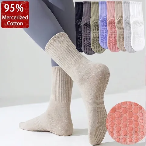 Women Non Slip Yoga Socks Breathable Cotton Mid Calf Grip Socks With Silicone Dots For Pilates Fitness Indoor Sport