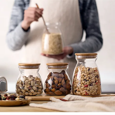 Bocal de Conservation en Verre Borosilicaté Transparent Avec Couvercle Hermétique en Bambou Récipient Alimentaire Trapézoïdal