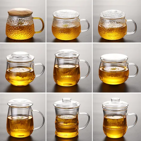 High Borosilicate Glass Tea Infuser Cup With Lid And Strainer Heat Resistant Hammered Texture Glass Mug For Home Office Use