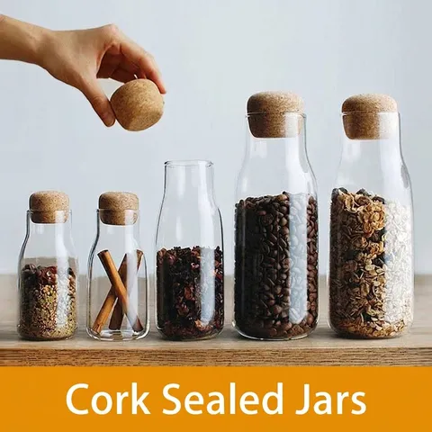 Bocal de Conservation en Verre de Borosilicate Avec Bouchon en Liège Bocal Scellé Récipient pour Thé et Café