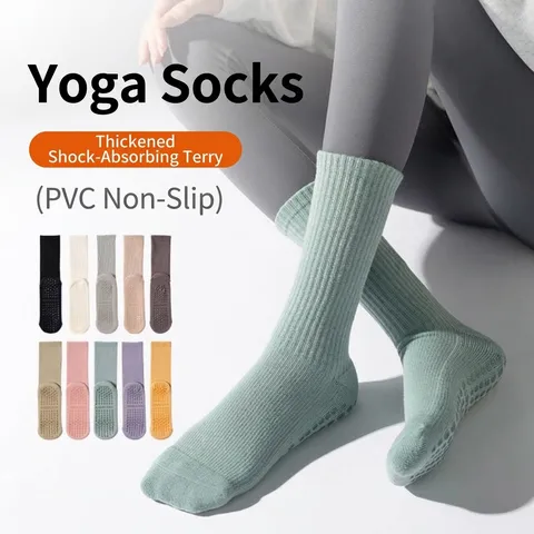 Calcetines de Yoga de Rizo Engrosado para Mujer 90% Algodón Antideslizante PVC Pilates Fitness Deporte Media Pantorrilla Color Sólido