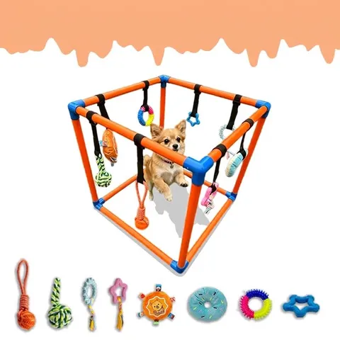 PVC Pet Toy Exercise Frame Set DIY Combination Pet Gym Cube With Hanging Chewing Rope Plush Toys For Dogs Cats Teeth Cleaning Training Gym