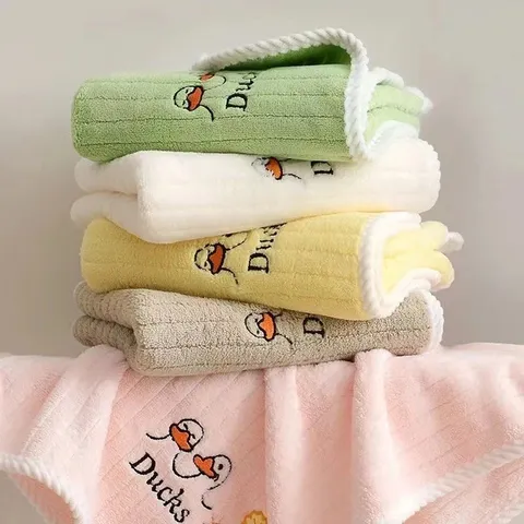 Cute Cartoon Duck Embroidered Coral Fleece Kids Hand Towel Soft Absorbent Hanging Face Towel For Children Home Bathroom