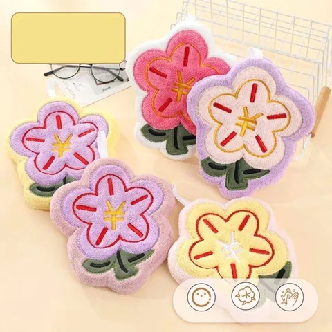 Cute Flower Shaped Hanging Hand Towel Thickened Coral Fleece Absorbent Quick Dry Washcloth For Kitchen Bathroom