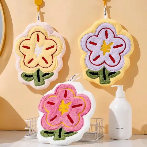 Cute Flower Shaped Hanging Hand Towel Thick Absorbent Microfiber Towel For Kitchen Bathroom Decor Aesthetic Plush Soft Hand Towel