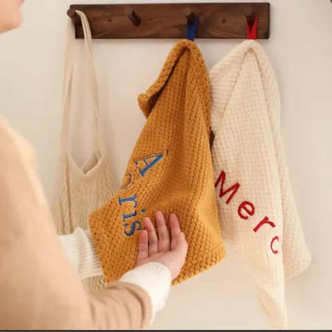 French Style Hanging Coral Fleece Hand Towel Absorbent Microfiber Kitchen Towel With Embroidered Letters Waffle Pattern