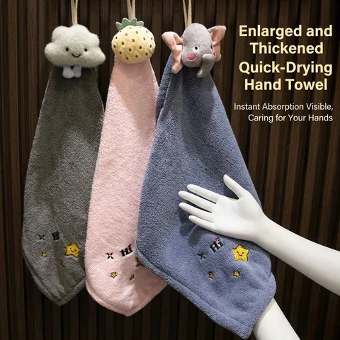 Hanging Cartoon Hand Towel Absorbent Quick Drying Thickened Coral Fleece Hand Towel For Kitchen Bathroom Star Embroidery Wipe Cloth