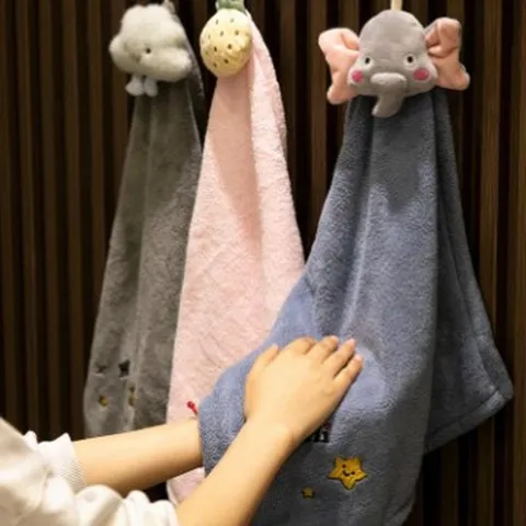 Cute Cartoon Animal Hanging Hand Towel Coral Fleece High Absorbency Quick Dry Microfiber Kitchen Bathroom Washcloth With Embroidery