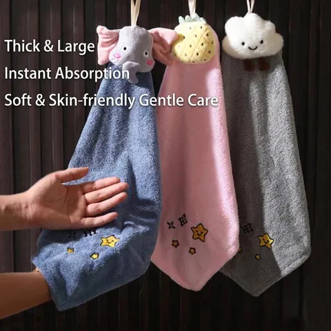 Hanging Cartoon Hand Towel Absorbent Quick Drying Thickened Coral Fleece Hand Towel For Kitchen Bathroom Star Embroidery Wipe Cloth