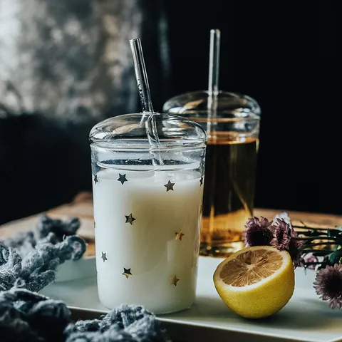 Vaso con Pajita de Vidrio de Borosilicato Estilo Ins Con Tapa Impresión Estrellas Oro Transparente Gran Capacidad Vaso para Jugo Casa