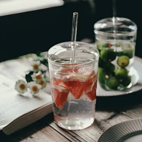Vaso con Pajita de Vidrio de Borosilicato Estilo Ins Con Tapa Impresión Estrellas Oro Transparente Gran Capacidad Vaso para Jugo Casa