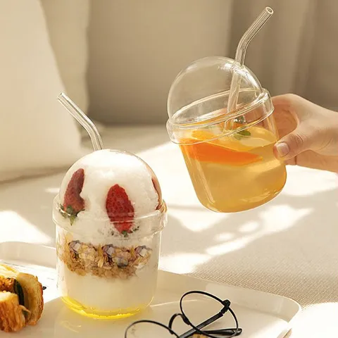 Borosilikatglas Strohhalm Becher Mit Kuppeldeckel Klarer Bobo Becher Modern Minimalistisch Einzelschicht Trinkglas Für Zuhause Saft