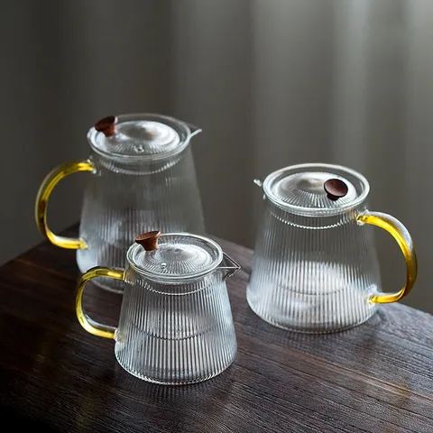 Théière en Verre Borosilicaté Résistante à la Chaleur Avec Rayures Nervurées Verticales Poignée Ambre Bouilloire en Verre