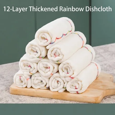 Rainbow Edge Oil-Repellent Kitchen Cleaning Cloth Multi-Layered Thickened Cotton Yarn Dishcloth Highly Absorbent Lint-Free Dish Towel