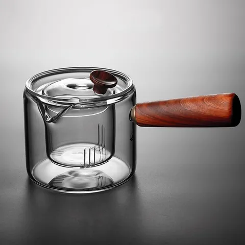 Théière en Verre Borosilicate Résistante à la Chaleur Avec Poignée Latérale en Bois et Infuseur Pour Thé en Vrac