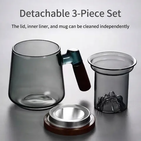 Heat Resistant High Borosilicate Glass Tea Infuser Mug With Wood Lid Handle Tea Water Separation Personal Office Water Cup