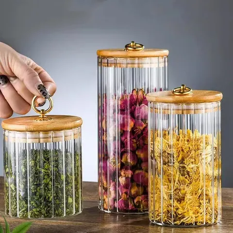 Bocal de Conservation en Verre Rayé Style Japonais Avec Couvercle en Bambou Anneau en Or Boîte Hermétique Cuisine Pour Thé Café